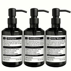 Deluxe Refillable Bathroom Dispenser Bottles for Shampoo, Conditioner, and Body Wash (Black)