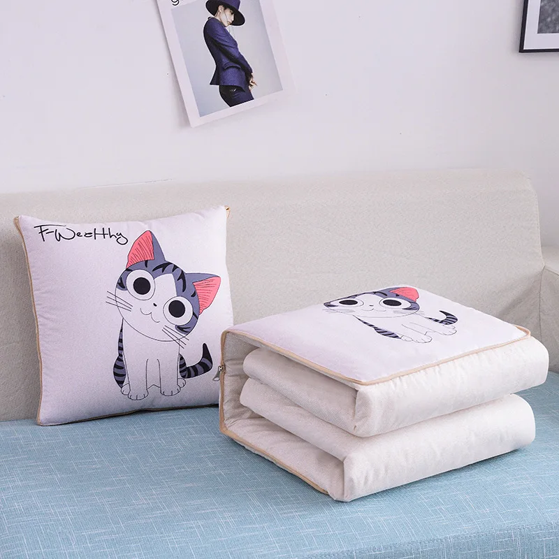 2 In 1 Pillow Travel Quilt Blanket Cartoon Thick Throw Pillow Portable Foldable Air Conditioner Cushion Blanket Car Sofa Office
