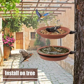 Tree Mounted Bird Tray for Feeder Birds Bath Bowl Installed on Wooden Fence Wall Tree Deck Stakes with Heavy Duty Iron Ring 2