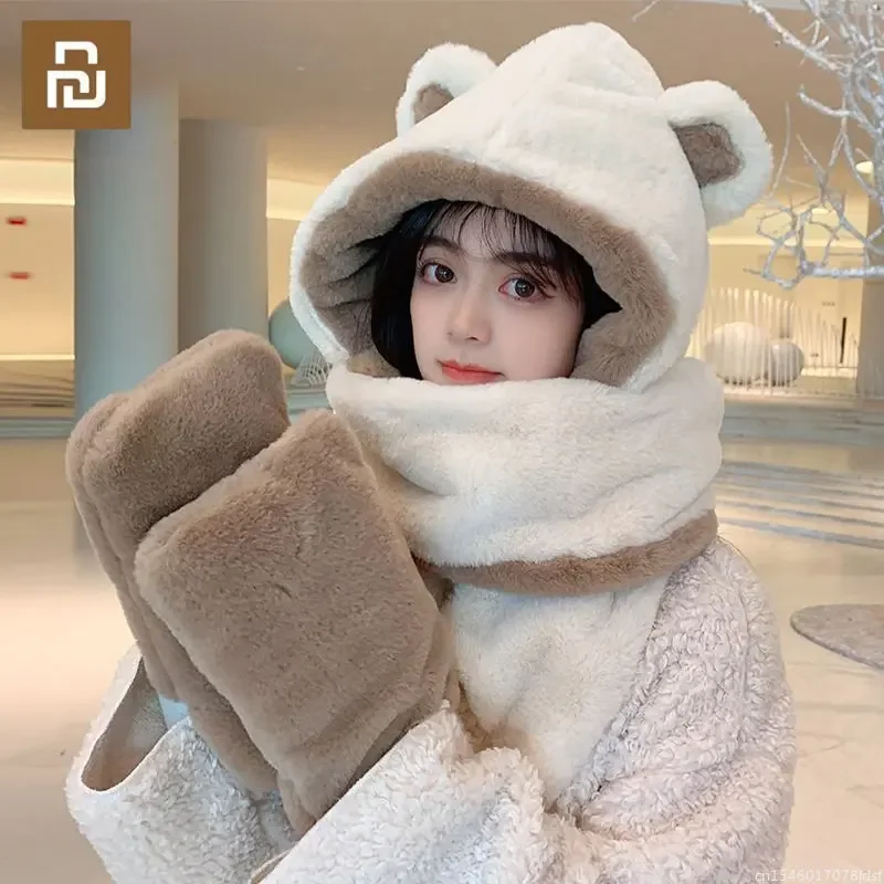 

Youpin Korean Winter Cute Bear Hat Scarf Gloves Three Piece Set Women's Warm Winter Scarf Windproof Neck Cap Winter Accessories