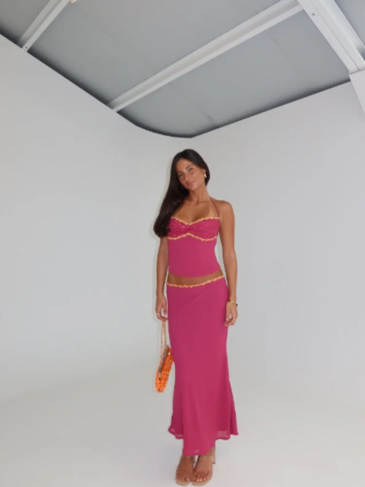 Women's Vintage Y2k 2 Piece Set Sequin Lace Trim Halter Crop Top Mermaid Maxi Skirt Lady Summer Sexy Bodycon Club Party Outfit 2