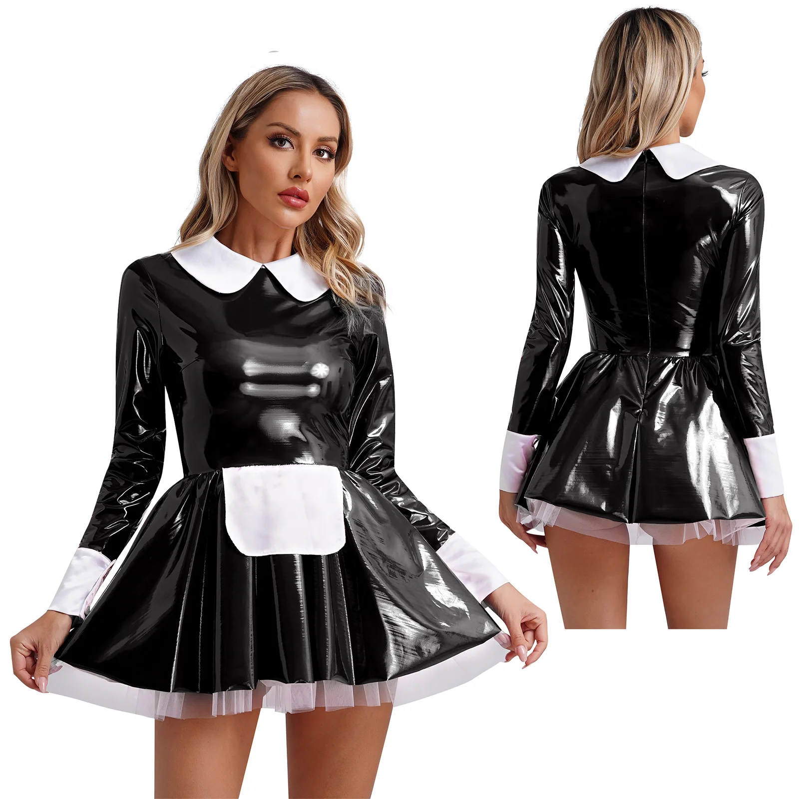 thumbnail image 1 of Uniforme de sirvienta traviesa para mujer, ropa para discoteca, vestido de Cosplay de sirvienta de charol brillante, adornos con volantes, delantal con lazo, vestido acampanado con mangas abullonadas, 1 of 5