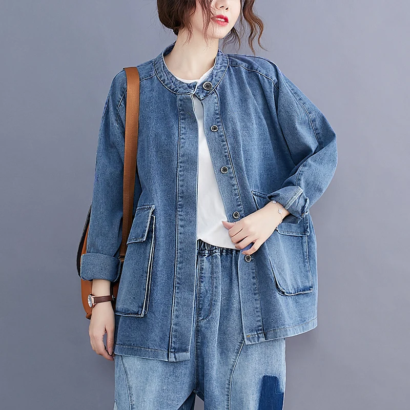 Denim Coat Women Casual Button Down Coats 2022 Autumn Spring Fashion Streetwear Stand Collar Casual Jeans Jackets