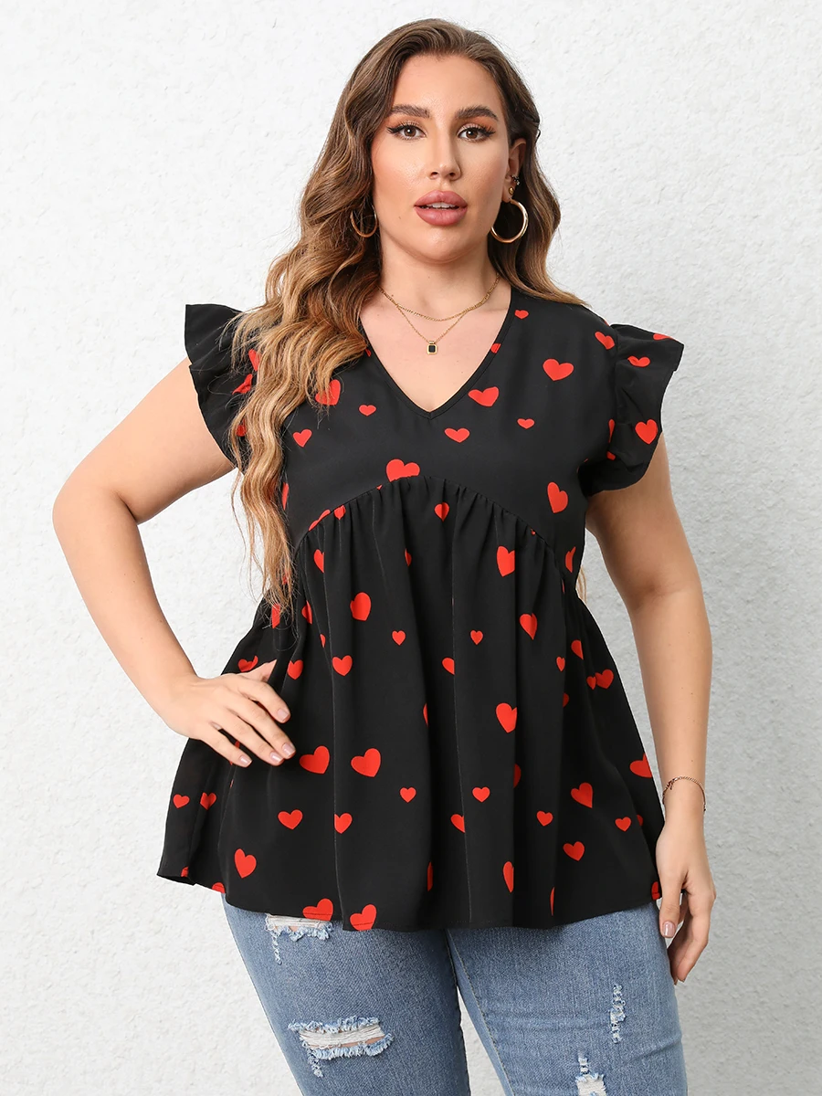 Finjani Red Heart Print Blouse 2023 New V-Neck Ruffle Trim Blouses Summer Casual Tee Loose And Breathable Plus Size Women's Tops
