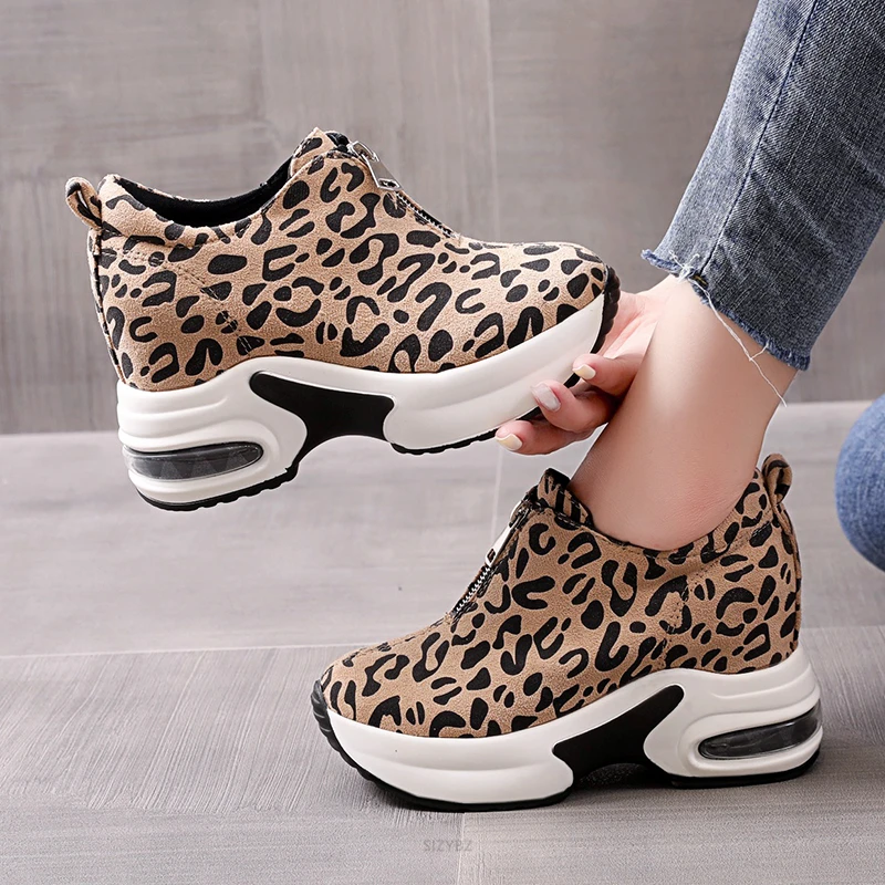 Hidden Heel Casual Platform Shoes Woman Sneakers Suede Slip on Shoes Women Height Increasing Flock Leopard Print Wedges Shoes