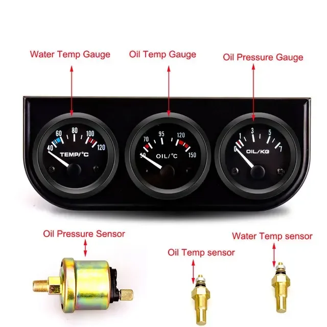 Suuonee Drievoudige Meter Set 52 Mm | Voltmeter, Watertemperatuur & Oliedruk | Voor Auto, Vrachtwagen & Boot | 12V