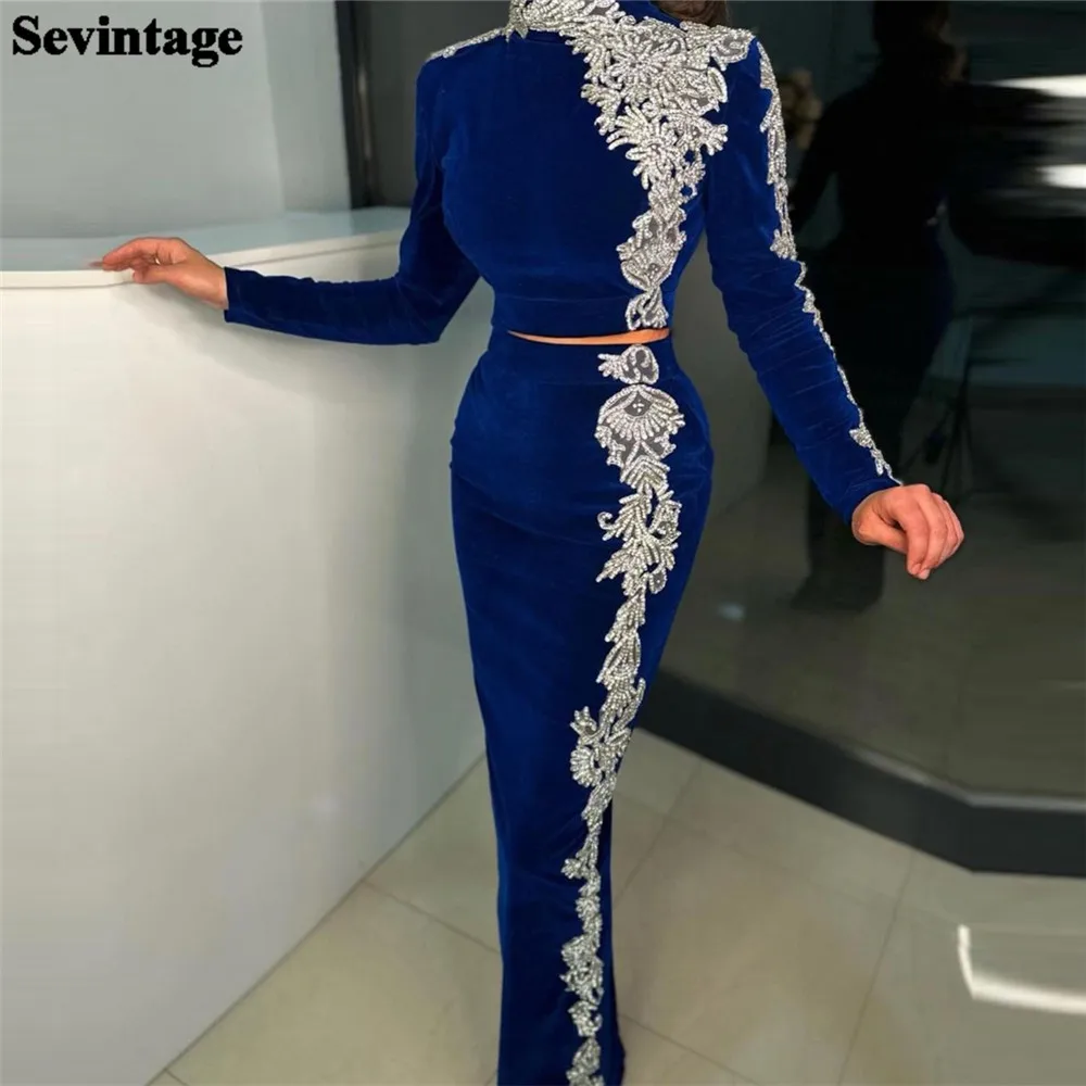 

Sevintage Royal Blue Arabic Mermaid Velvet Evening Dresses High Neck Long Sleeves Appliques Prom Gowns Algerian Outfits 2023