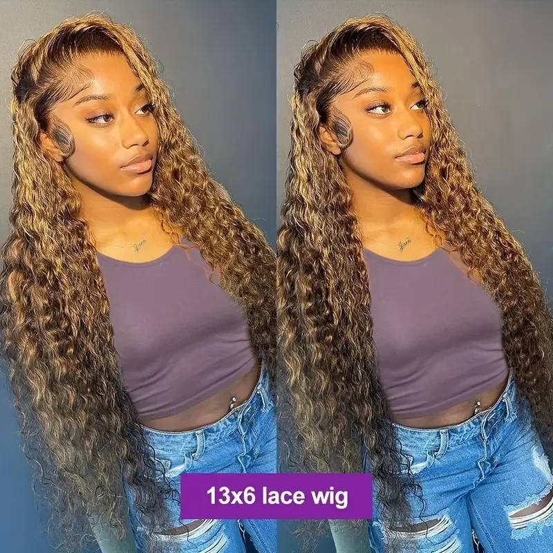 Ombre Highlight Glueless Lace Front Wig Curly Hair Human Hair Water Wave Lace Front Wig 180% High Density Highlight Color 34Inch images - 6