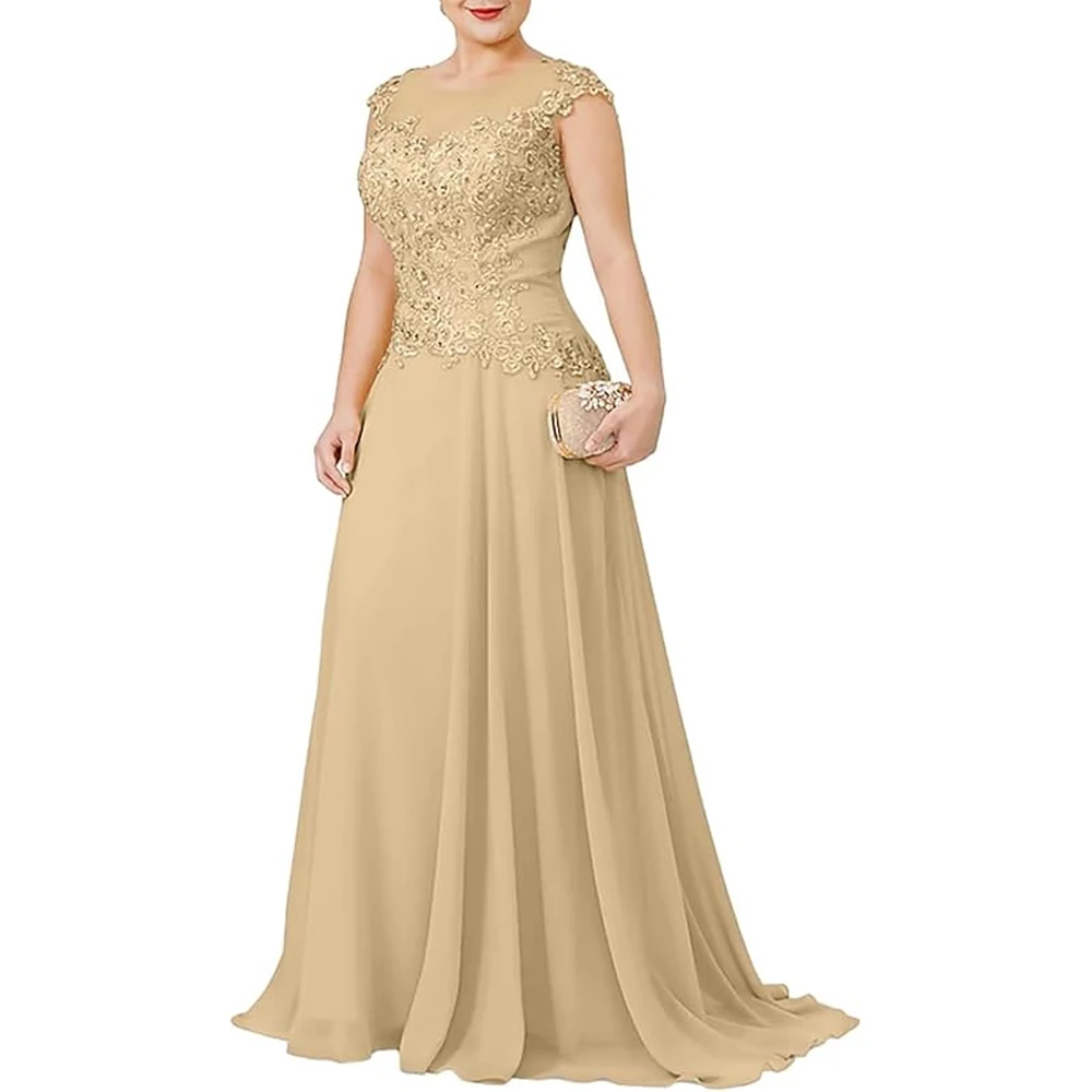 Cap Sleeves Mother of The Bride Dresses A Line Formal Evening Gown Applique Lace Wedding Guest Dress Scoop Neck