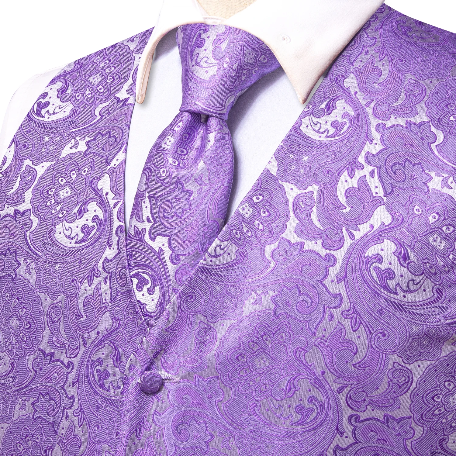 Elegant Purple Silk Mens Vests Tie Fashion Paisley Jacquard Sleeveless Jacket 4PC Hanky Cufflink Paisley Suit Waistcoats Wedding