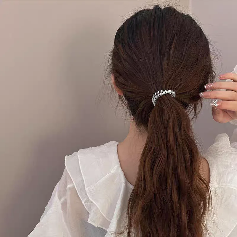 Set di 5 Elastici per Capelli in Stile Europeo e Americano, Argento, a Forma di Cavo Telefonico, per Donne e Ragazze, Accessori per Capelli - immagine 6