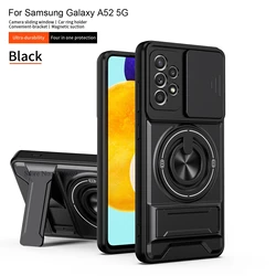Enhanced Armor Case with Shockproof Slide Lens Protector and Ring Stand for Samsung Galaxy A52/A52s/A52s 5G (Black)