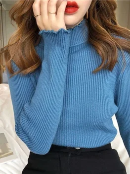 الخشب الأذن حافة الياقة المدورة طويلة الأكمام البلوفرات 2025 المرأة محبوك سترة الخريف الشتاء بسيط قاعدة طبقة القمم ملابس حريمي