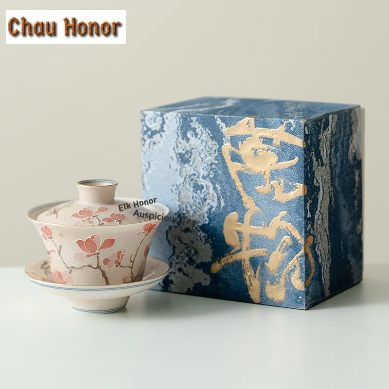 Hand-painted Plum Blossoms Pile Carve Gaiwan Luxury Tea Tureen Tea Bowl with Lid Kit Tea Making Cover Bowl Tea Items Decoration