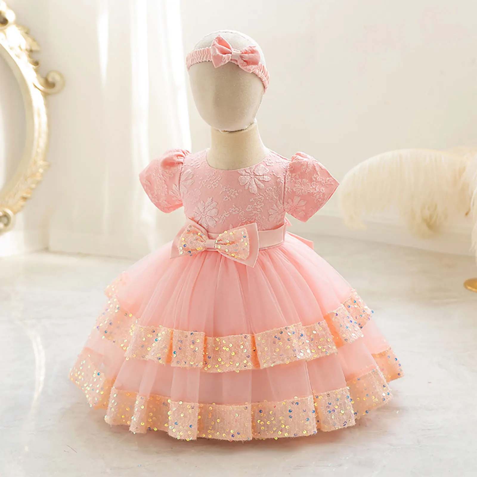 

Baby Girls Birthday Party Wedding Flower Girls Princess Dress Prom Gown Puff Sleeve Bowknot Sequins Tutu Dress Headband Set
