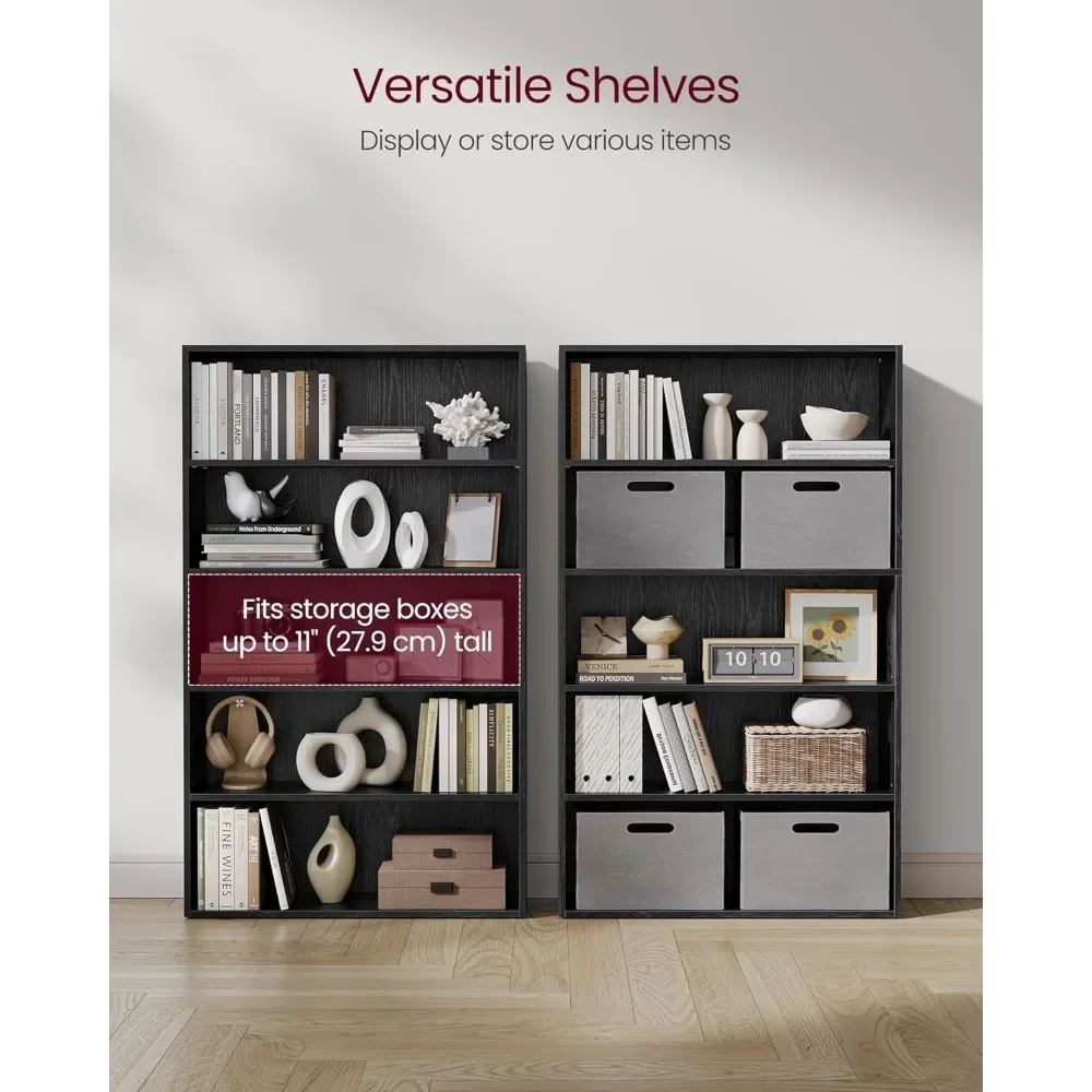 Bookshelf, 31.5 Inches Wide, 5-Tier Open Bookcase with Adjustable Storage Shelves, Floor Standing Unit, Ebony Black Bookshelf 5