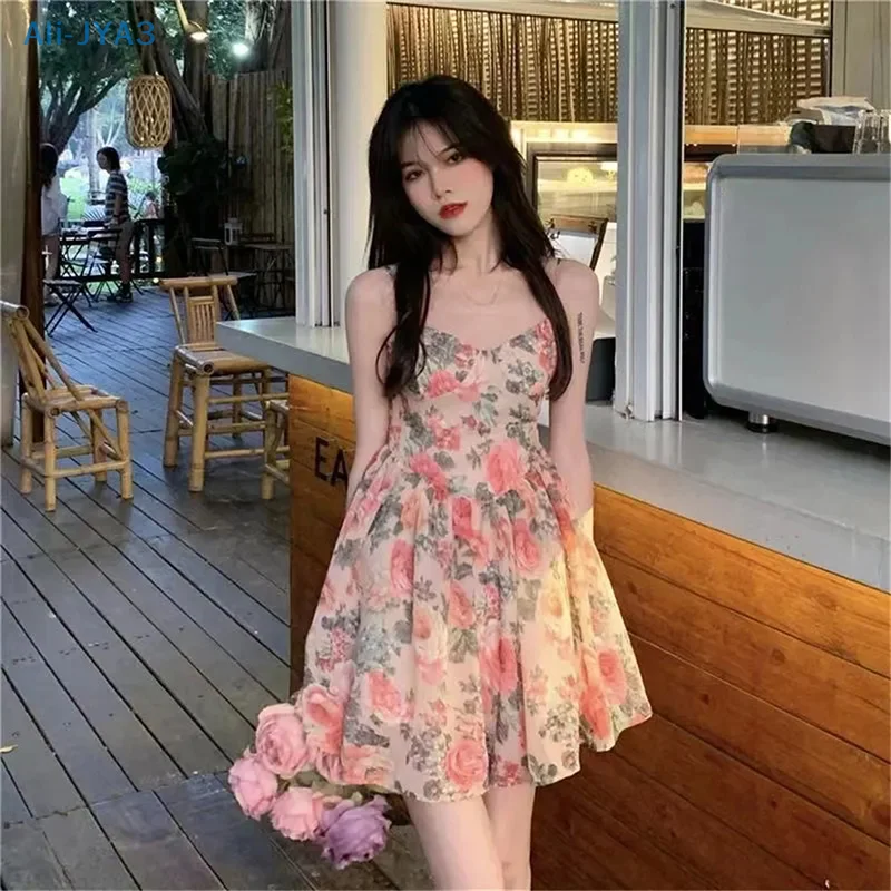 French style white spaghetti strap A-line summer short dress C7041