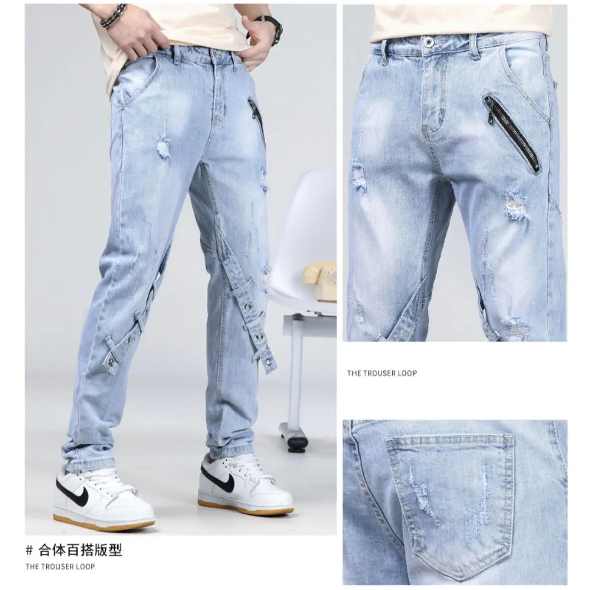 3D Belt Knee Jeans Men Feet Panel Pants Zipper Pockets Slim Fit European And American Trends Versatile Damaged Scraped Whitened