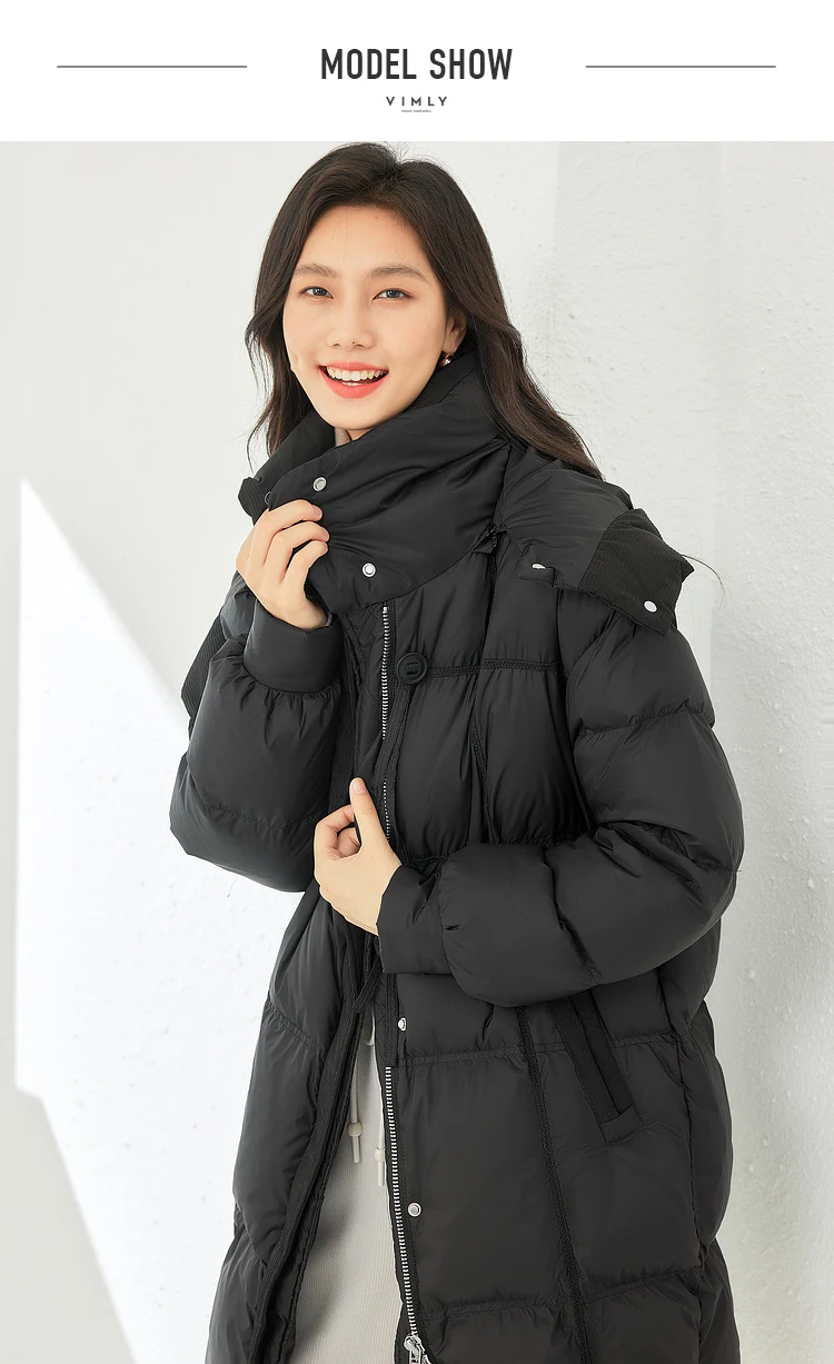 Vimly White Duck Down Puffer Jackets Women Winter Warm Long Down Coat 2023 Windproof High Neck Detachable Hood Outerwear 50636