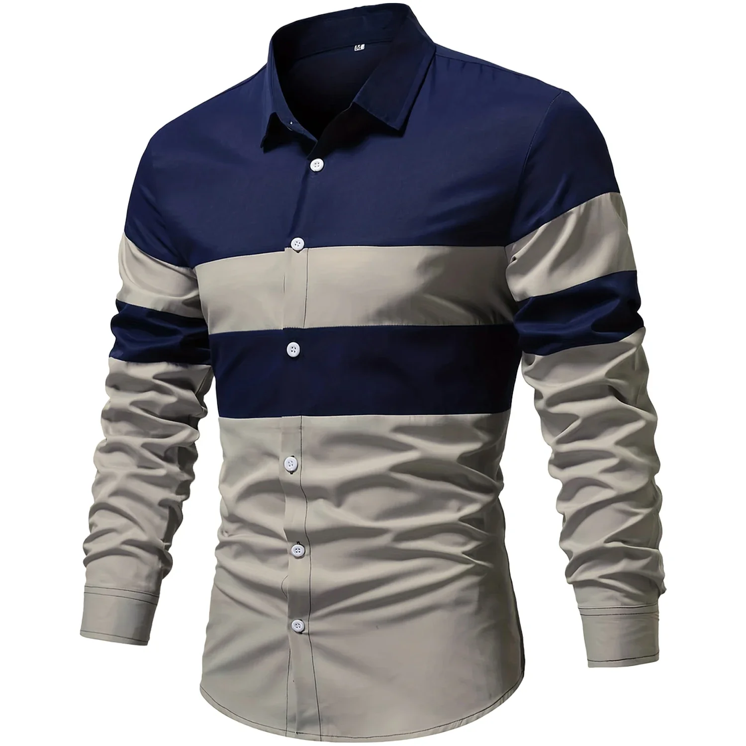 

2023 New Fashion Men Colorblock Striped Shirt 100% Polyester Long Sleeve Casual Button Up Contrast Color Patchwork Shirt for Men