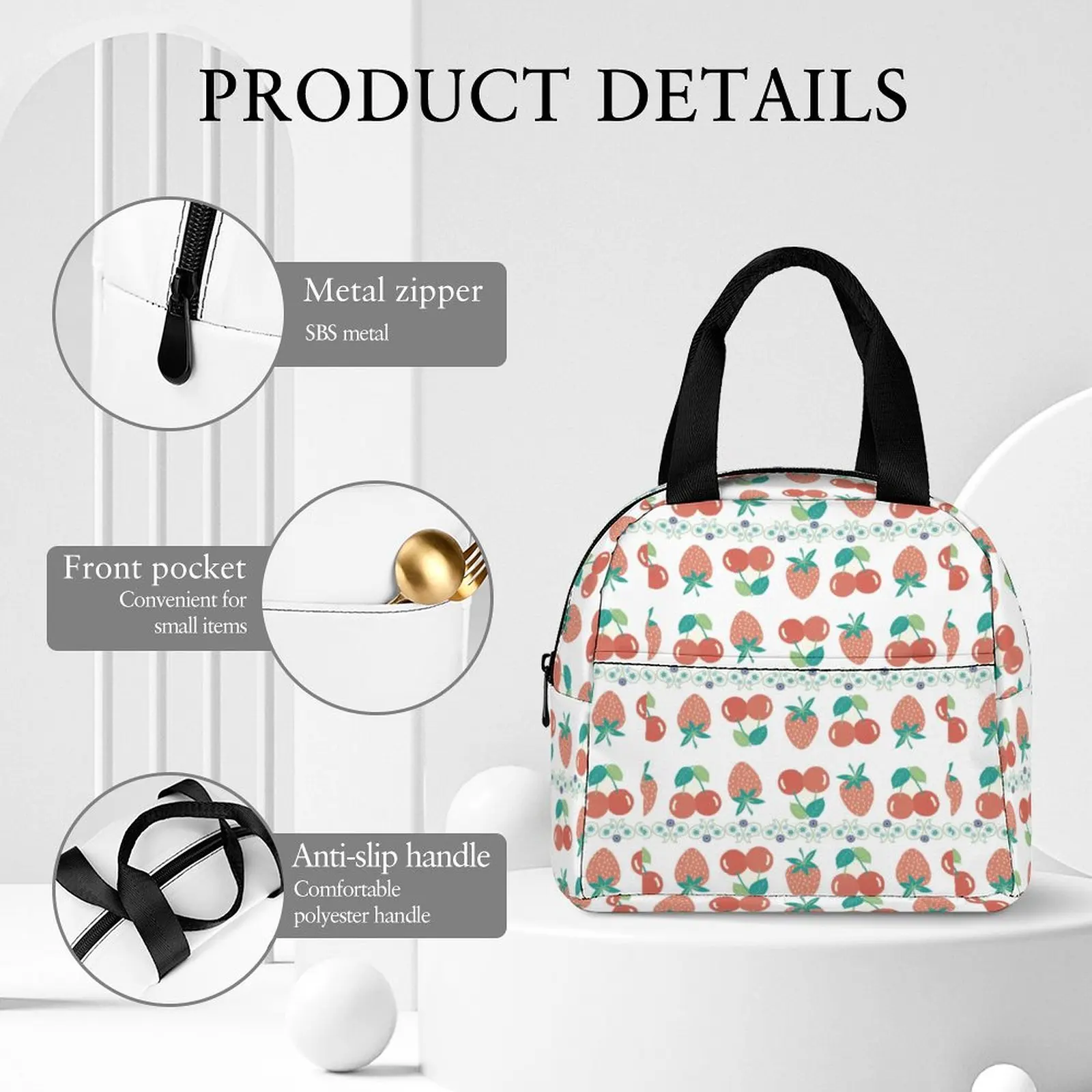 Custom Pattern Tote Lunch Bags for Women Fruit Cherry Print Portable Lunch Bag Picnic Travel Breakfast Box Office Work School