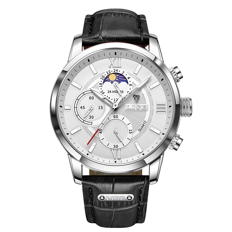 LIGE Luxury Men's Waterproof Luminous Leather Quartz Wristwatch