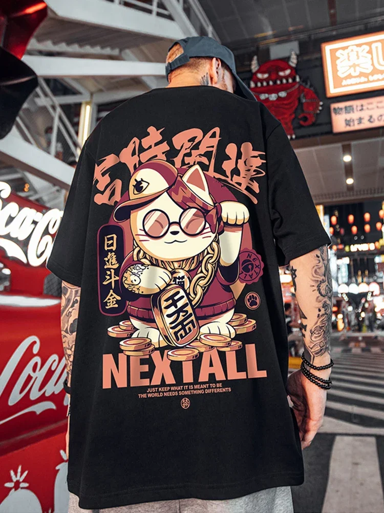 2025 Summer Men Kawaii Lucky Cat Printed T Shirt Homme Short