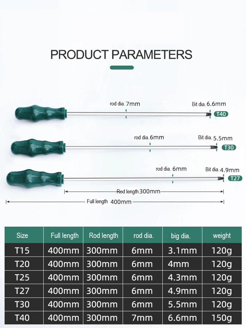 Set 5 Cacciaviti Torx Extra Lunghi T15-T30 - 400mm, Acciaio S2, Magnetici - Foto 3