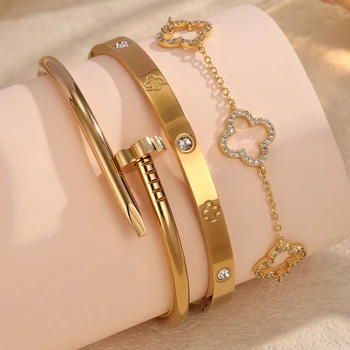 Yupsk 3 peças de aço inoxidável 18k banhado a ouro quatro folhas flor unhas empilhadas pulseira pulseiras zircônia brilhante casal joias presente 1