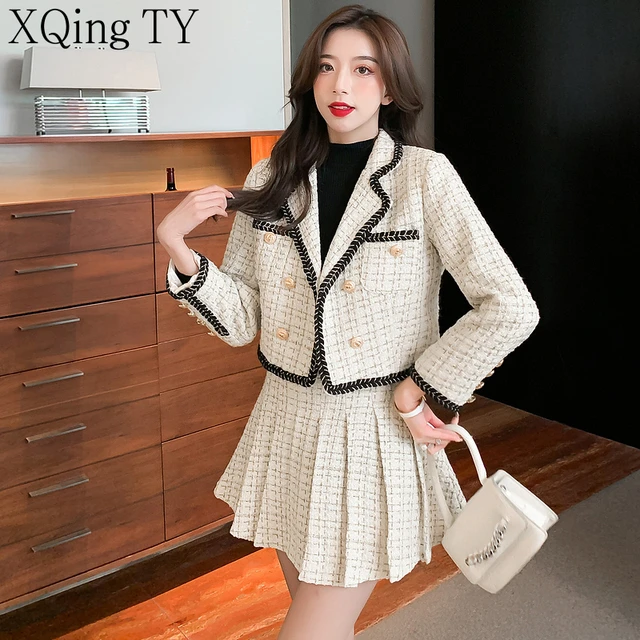 Fall Winter Chic Tweed Skirt Suit Women Sweet Woolen Jackets High