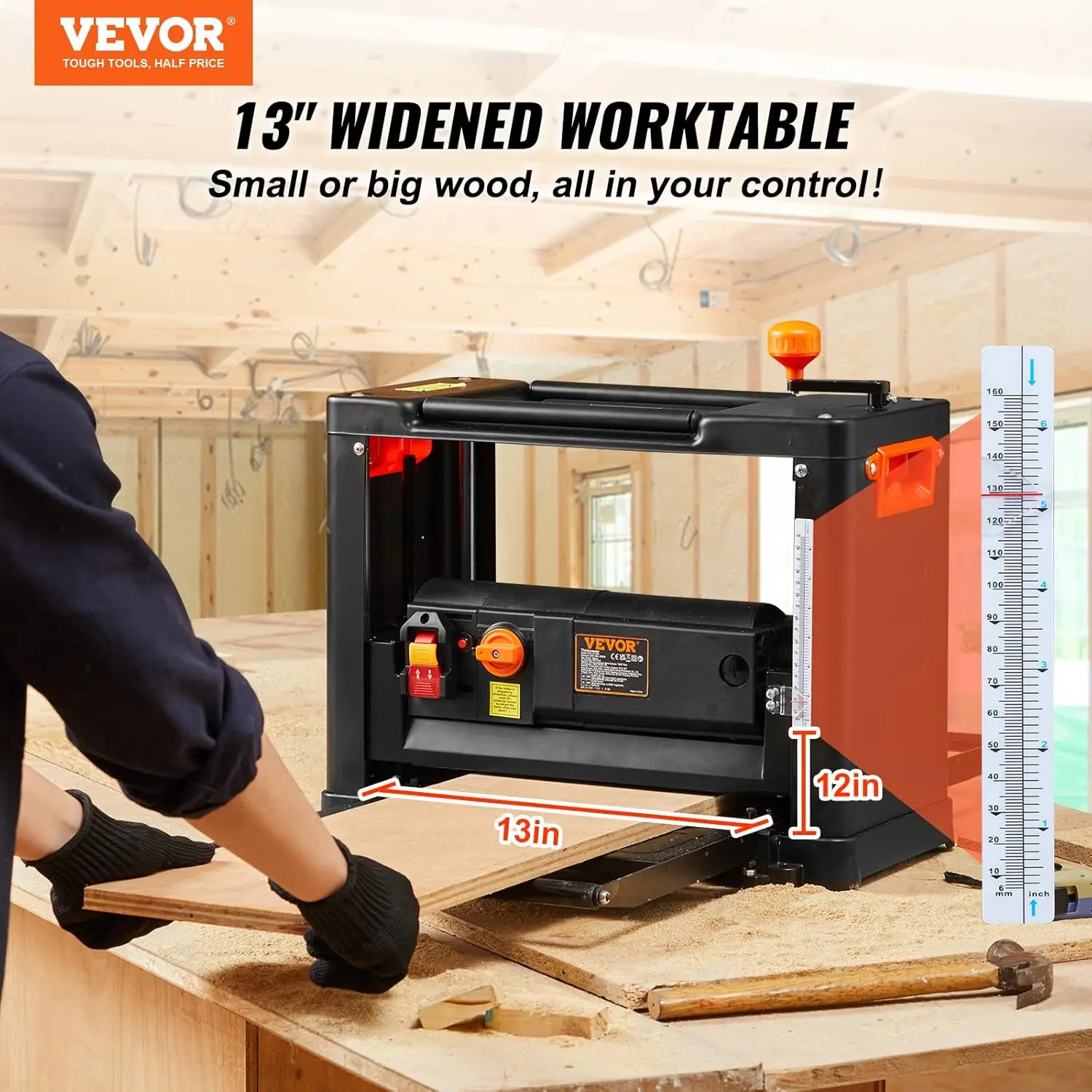 Power Benchtop Planers, Three-Blade, Two Speed, 13" Width Worktable Thickness Planer with Extended Infeeding Table, Low Noise 2