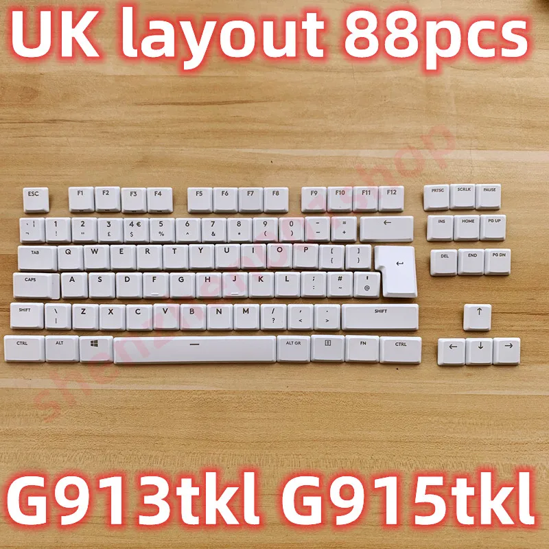 Conjunto Completo de Teclado sem Fio Versão do Reino Unido G915 Tkl 88 Key Caps Branco Logitech G813 G915 G915 G915