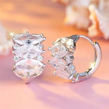 Marquise Stone Shining Crystal White Zircon Hoop Earrings For Women Vintage Silver Color Ear Buckle Wedding Jewelry Party Gifts