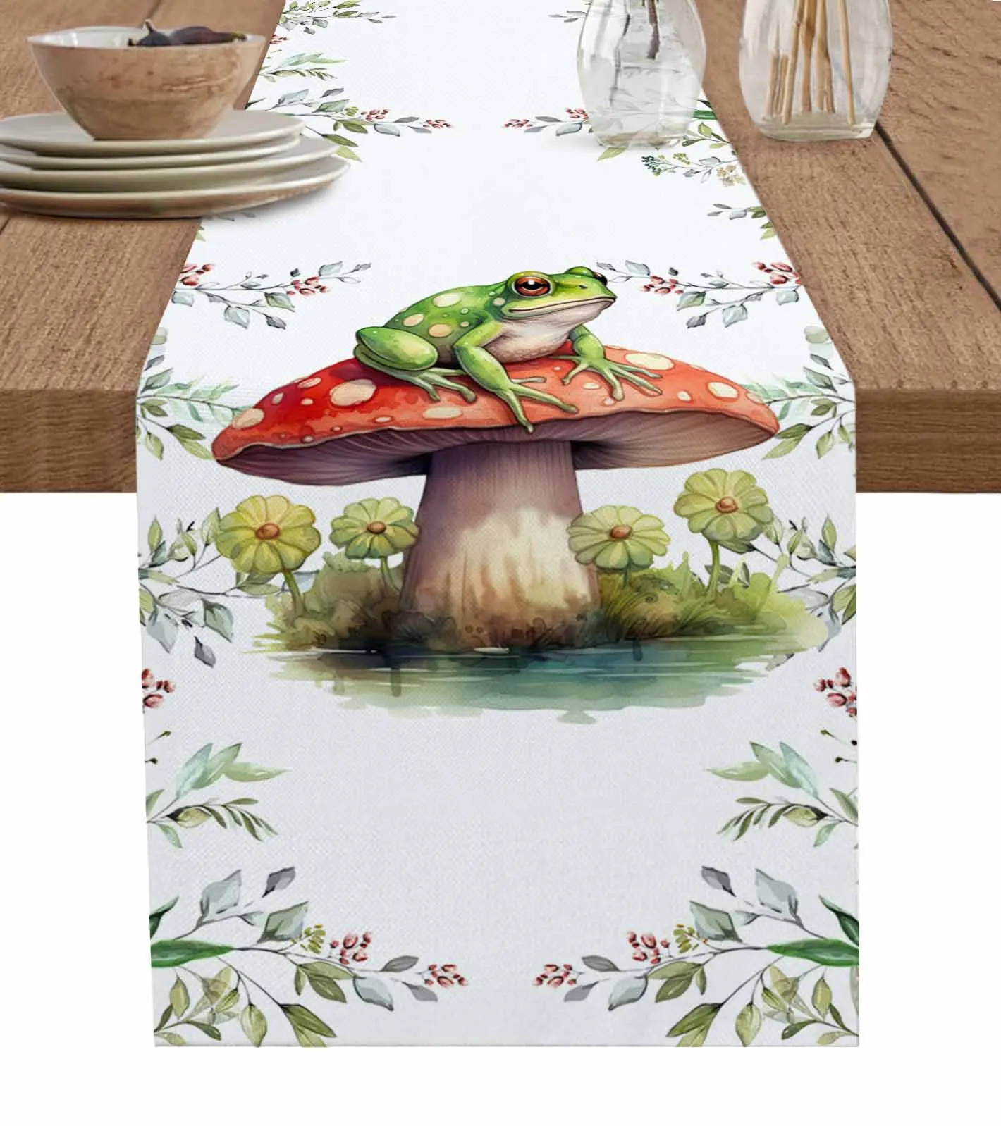 

Frog Mushroom Flower Watercolor Table Runner Luxury Wedding Decor Table Runner Home Dining Holiday Decor Tablecloth