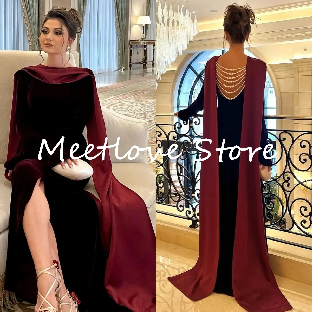 

Meetlove Saudi Arabia Luxury Evening Dresses Long Sleeves Beads Pearls Sexy Formal Women Prom Dress Trumpet Wedding Party Gowns