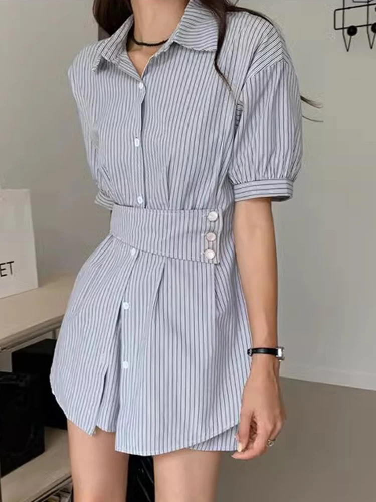 

SuperAen 2024 Корейская шикарная летняя винтажная дизайнерская рубашка с застежкой на талии Короткие комплекты с высокой талией и широкими штанинами