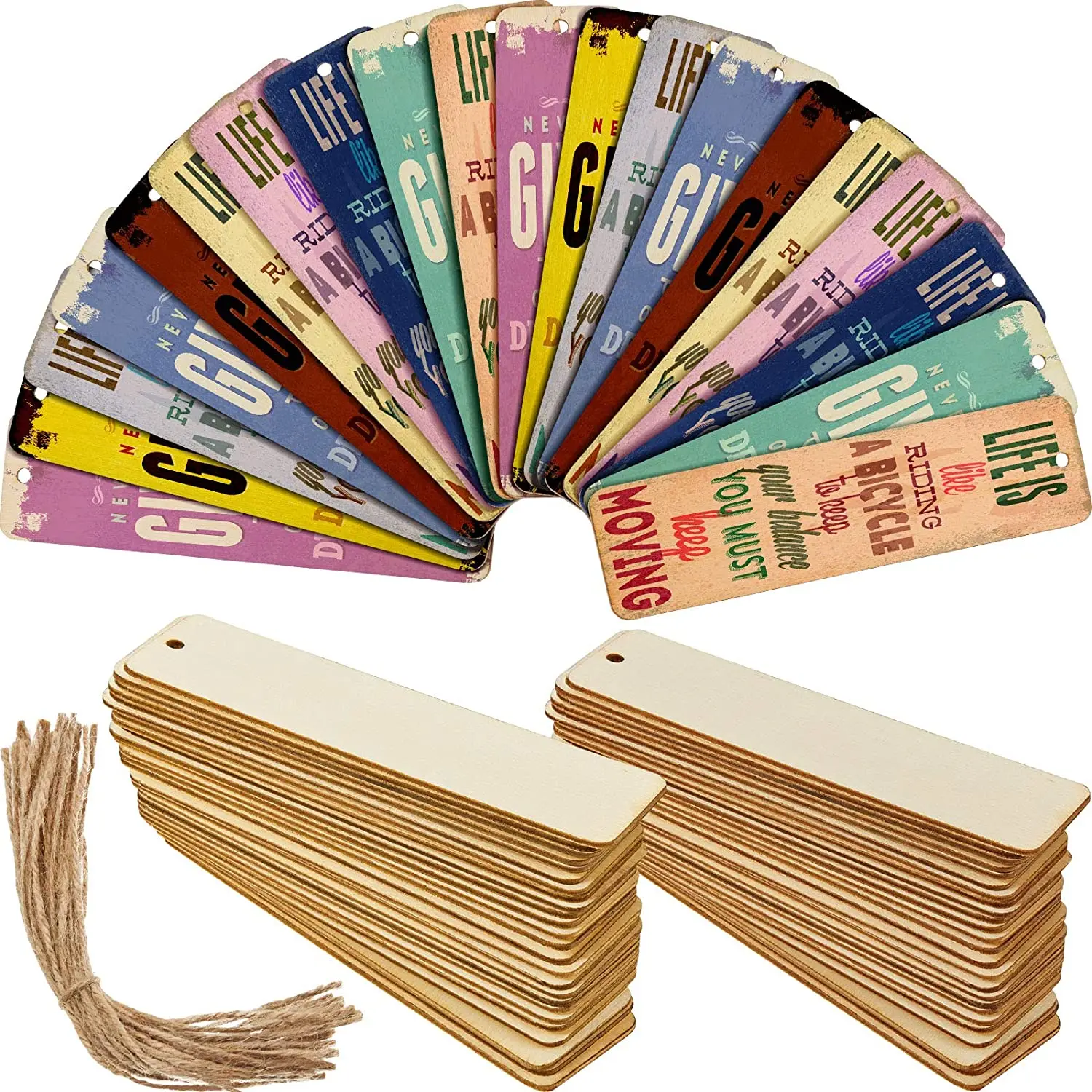 

100pcs Wood Blank Bookmarks Rectangle Shape Hanging Tags Unfinished Book Markers Ornaments with Holes and Ropes for DIY Crafts