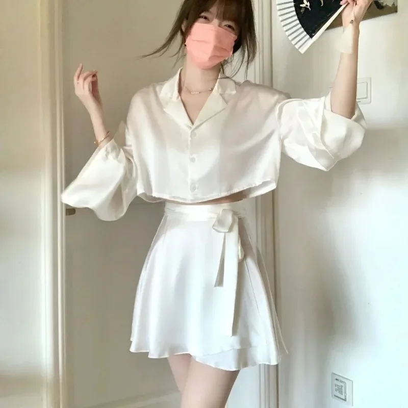 Premium Sense of Ice Silk Pajamas Female New Summer Models Elegant Home Wear Solid Color Top Short Skirt Suit Women's Pajamas