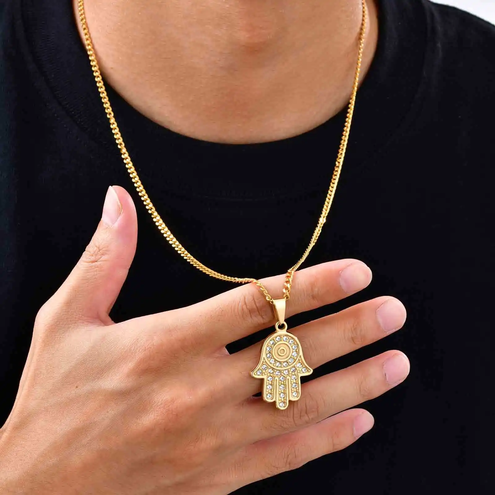 The Hand of Fatima Zircon Necklace for Men,Gold Color Evil Eye Stainless Steel Pendant,Turkish Jewelry Gift