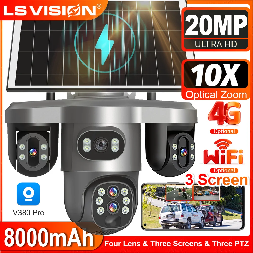 20MP 4G Solar Camera 10X Optical Zoom Outdoor WiFi Security Camera Three Screen Auto Tracking Waterproof CCTV V380 Pro