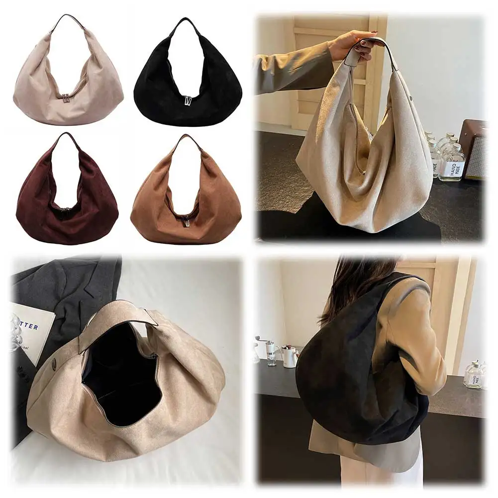 Female Bag Suede Quality Shoulder Bag with Zipper Solid Casual Top-Handle Bags Large Capacity Women Underarm Bag Travel Tote Bag