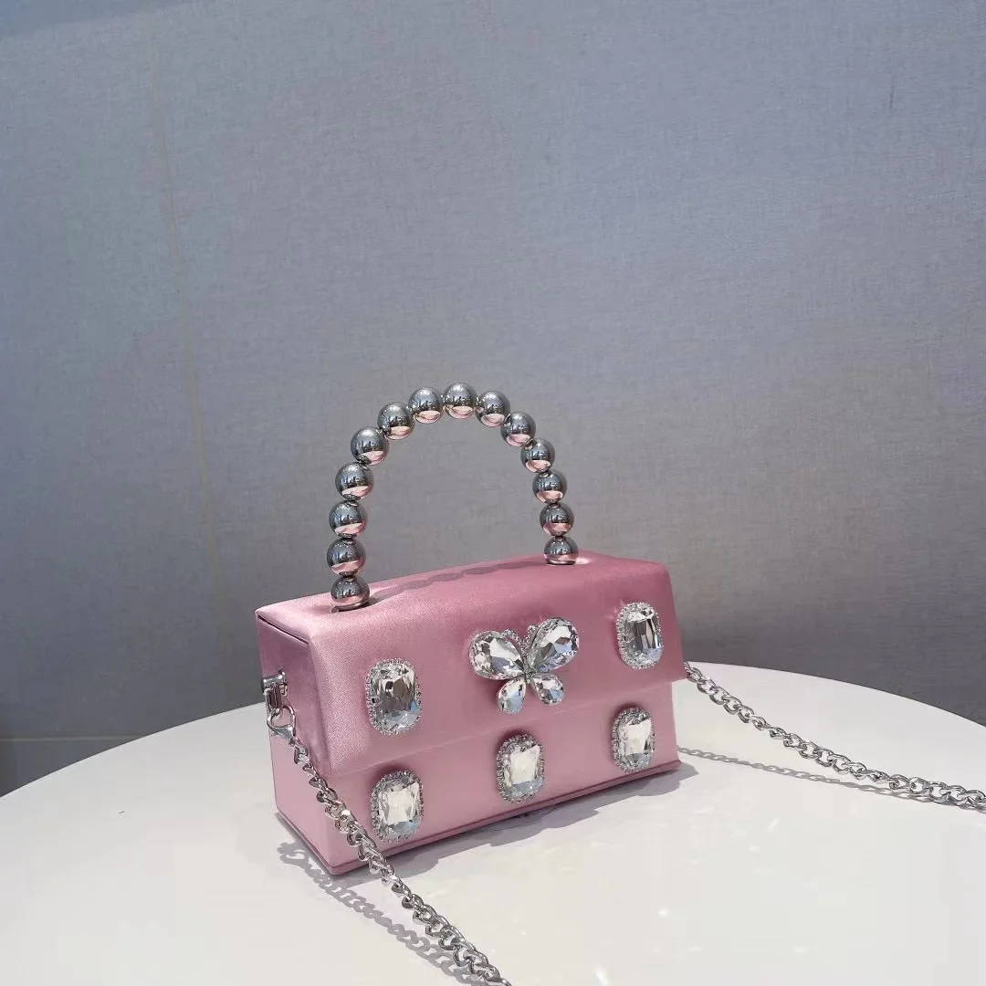 

Luxury Satin Square Box Women's Handbag Crystal Shiny Rhinestones Diamonds Evening Bag Wedding Party Clutch Purse Crossbody Bag