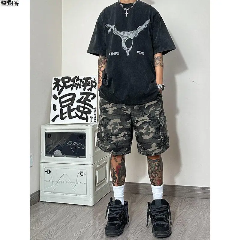 Men's Spliced elastic Loose Straight High Street Camouflage Design Five-point Denim Shorts
