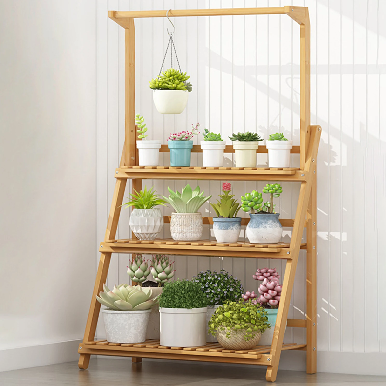 Bamboo 3 tier plant stand rack multiple flower pot holder shelf indoor outdoor planter display shelving unit patio greenhouse