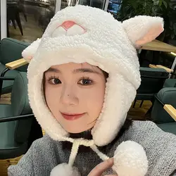 with 2 Plush Balls Hat Scarf Set 2023 New Brimless Cute Sheep Warm Scarf Ear Protection Hat Women Girls