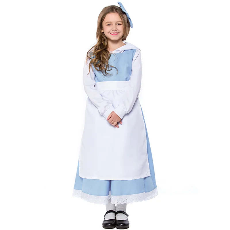 

Halloween Kid Girls Beauty & Beast Belle Princess Alice Maid Costume White Blue Maid Apron Dress Fancy Uniform Cosplay For Child