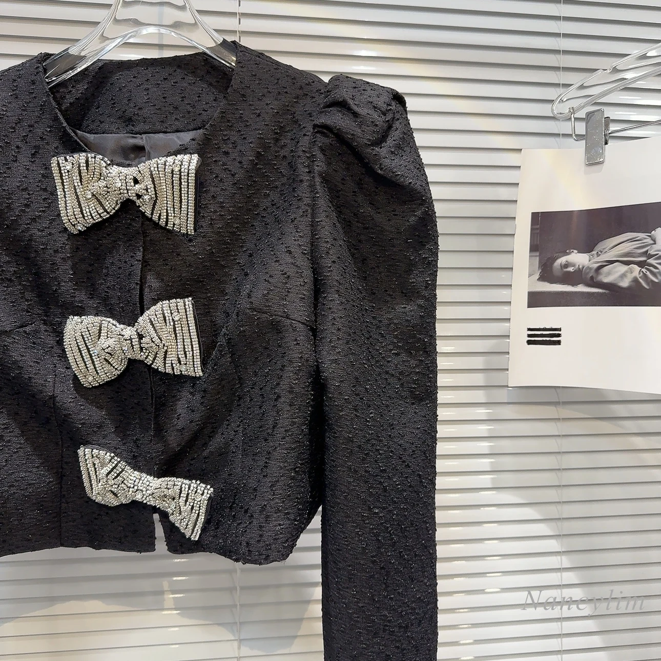 2023 Spring New Classic Style Rhinestone Bow Decoration Puff Sleeve Short Coat for Women Chic Top Outwears