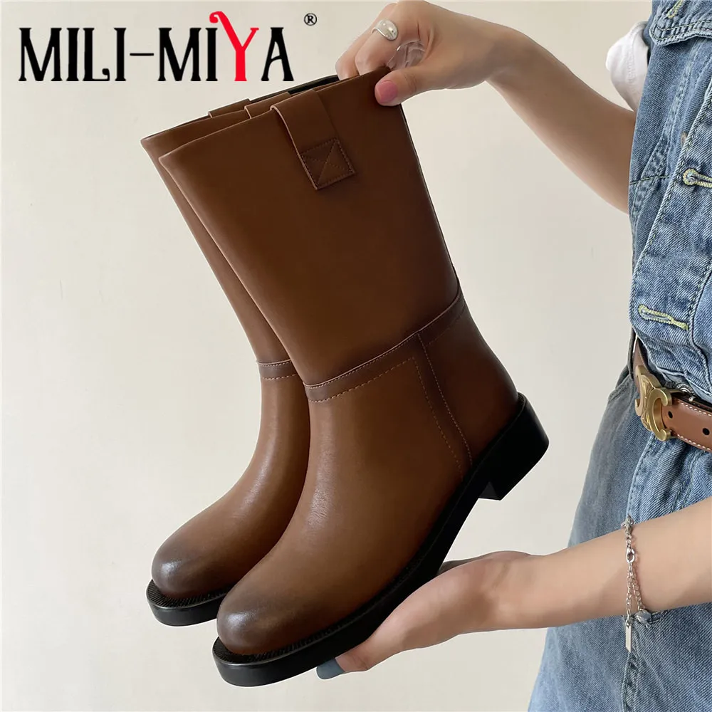 

MILI-MIYA Classic Concise Design Women Cow Leather Mid Calf Boots Round Toe Thick Heels Slip On Solid Color Handmade For Ladies