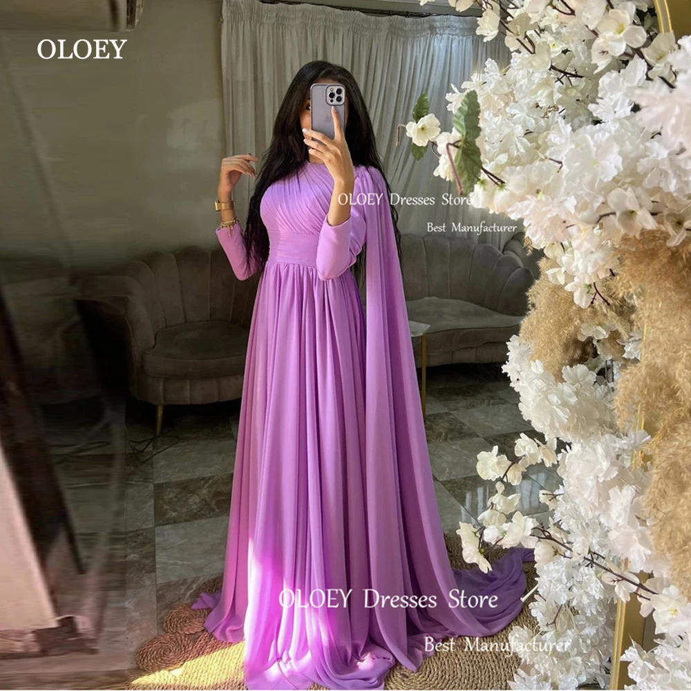 

OLOEY Modest Simple Lavender Chiffon Evening Dresses Dubai Arabic Women Long Sleeves Cape O-Neck Prom Gowns Formal Occasion