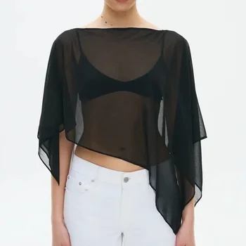 Womens Sheer Mesh Poncho Y2k Loose Solid Boat Neck Irregular Shrug Trendy Casual See Through Off Shoulder Beach Coverup Top New 1